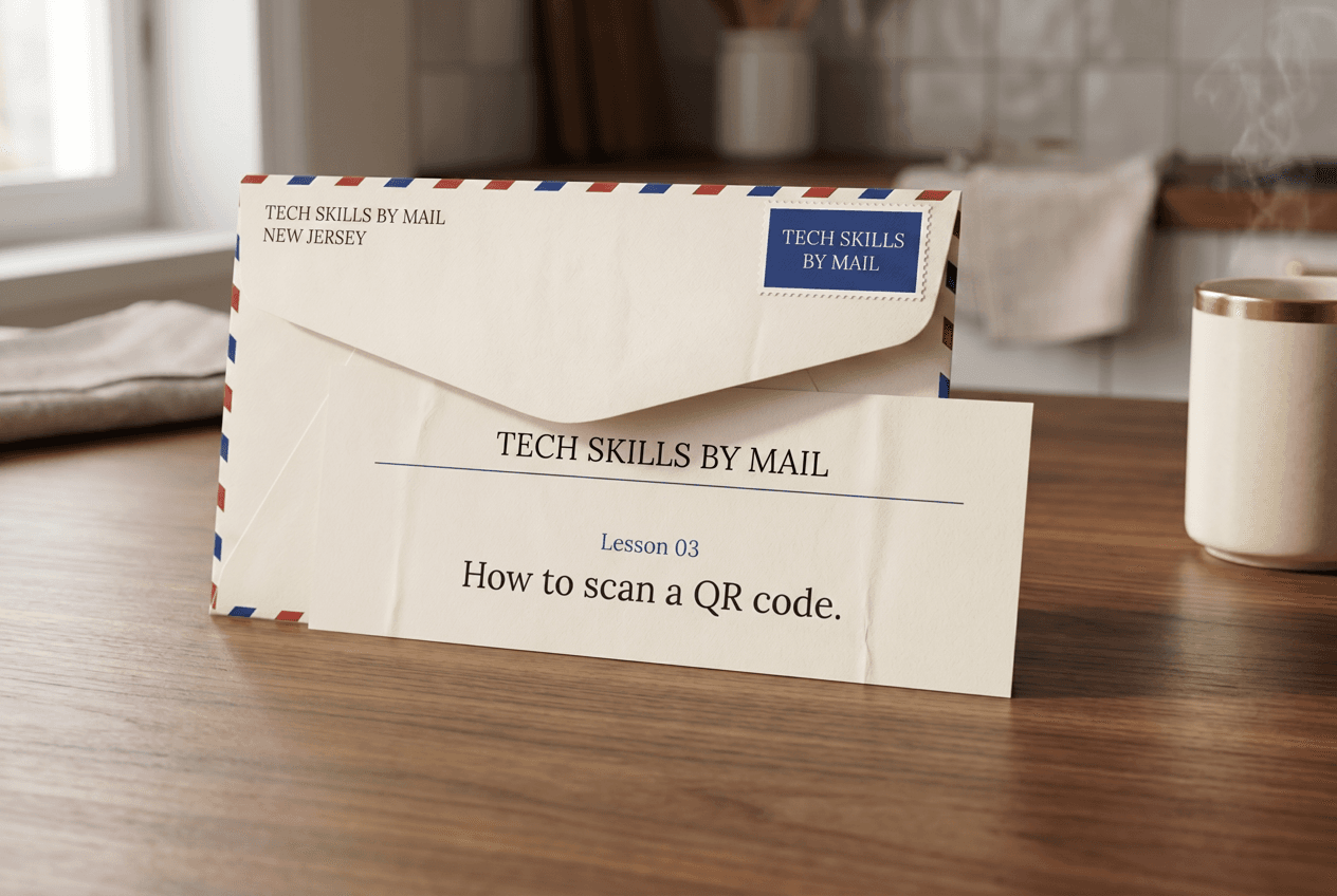 A Tech Skills by Mail lesson on the kitchen counter — one skill, big type, a clear diagram, and one thing to practice.